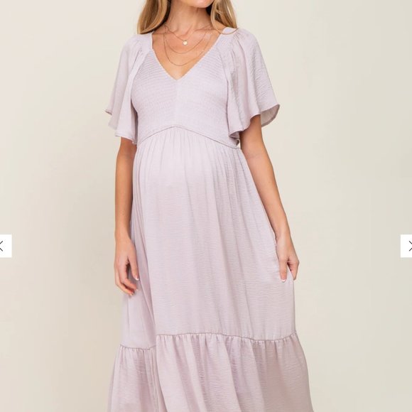 Pinkblush Grey Lavender Satin Smocked Maternity Midi Dress size S - Picture 1 of 3